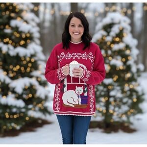 Vintage 80s Spunky Women's Chest 20 Red Long-Sleeve Cat In Window Design Sweater